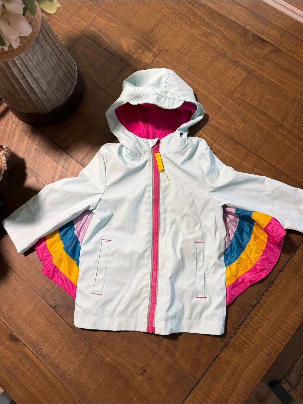 Cat & Jack Mint Hooded Raincoat with Pink Lining and Rainbow Panels